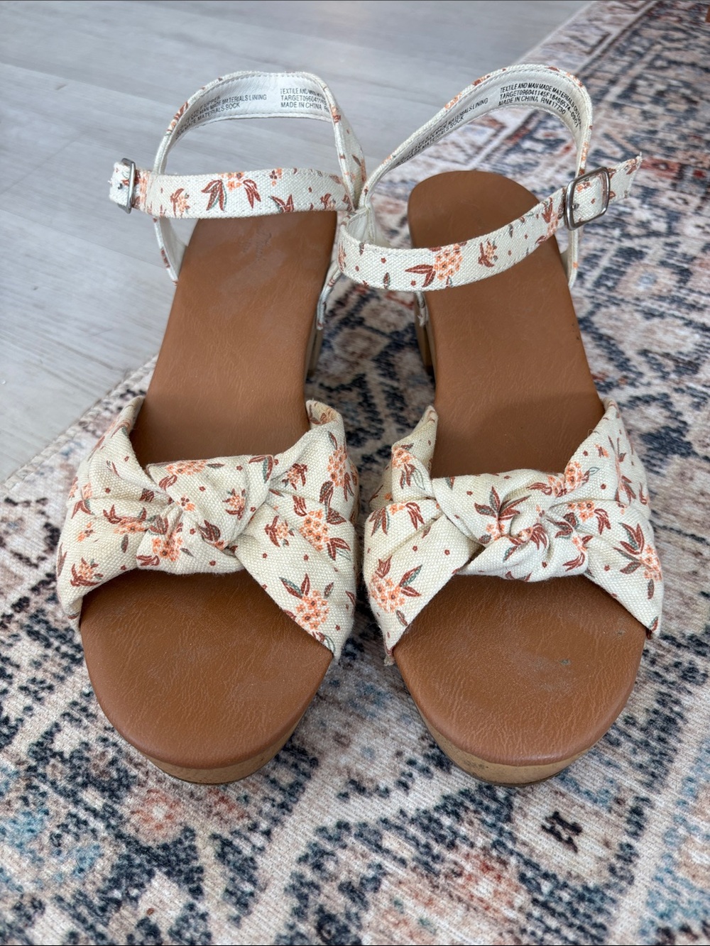 Universal Thread Cream Floral Knot Wedge Sandals with Brown Footbed